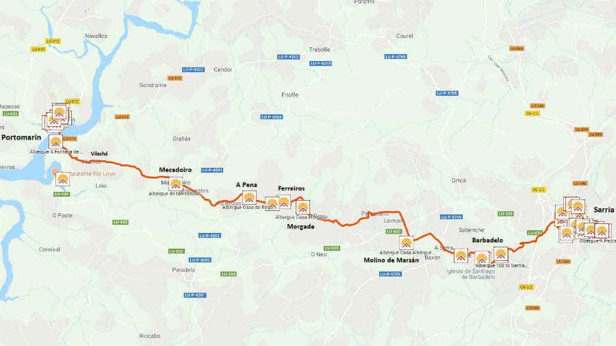 Mapa de la etapa Sarria - Portomarín :: Guía del Camino de Santiago desde Sarria