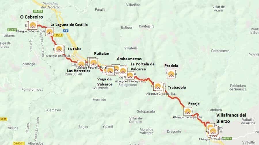 Mapa de la etapa de Villafranca del Bierzo a O Cebreiro - Camino Francés :: Guía del Camino de Santiago