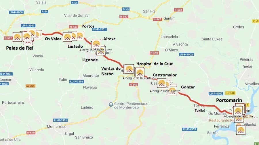 Mapa de la etapa de Portomarín a Palas de Rei - Camino Francés :: Guía del Camino de Santiago
