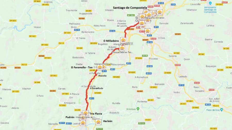 Mapa de la etapa de Padrón a Santiago de Compostela - Camino Portugués :: Guía del Camino de Santiago