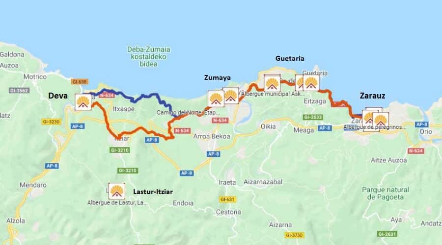 Mapa de la etapa de Zarauz a Deva - Camino del Norte :: Albergues del Camino de Santiago