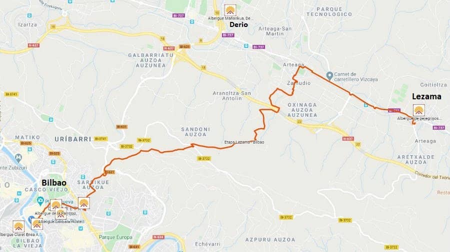 Mapa de la etapa de Lezama a Bilbao - Camino del Norte :: Albergues del Camino de Santiago Mapa de la etapa de Lezama a Bilbao - Camino del Norte :: Albergues del Camino de Santiago