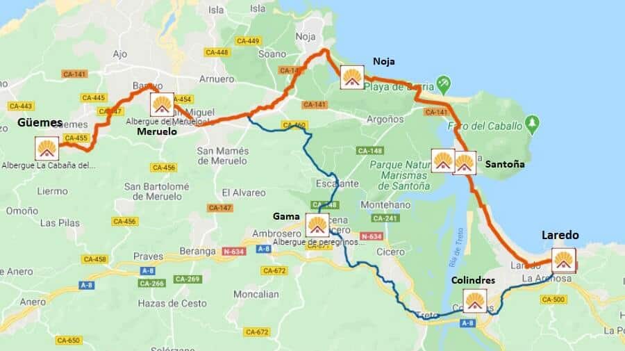 Mapa de la etapa de Laredo a Güemes - Camino del Norte :: Albergues del Camino de Santiago