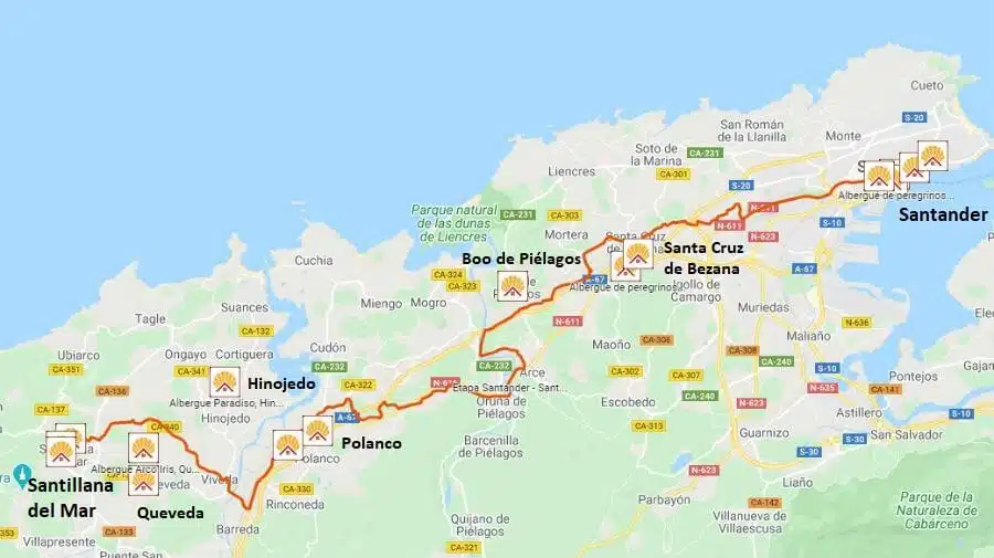 Mapa de la etapa de Santander a Santillana del Mar - Camino del Norte :: Guía del Camino de Santiago Mapa de la etapa de Santander a Santillana del Mar - Camino del Norte :: Guía del Camino de Santiago