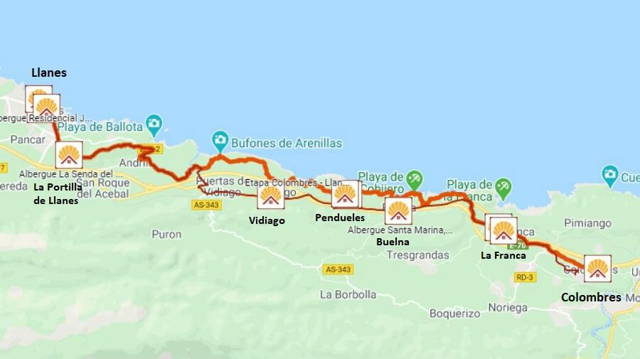 Mapa de la etapa de Colombres a Llanes - Camino del Norte :: Albergues del Camino de Santiago