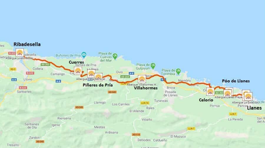 Mapa de la etapa de Llanes a Ribadesella - Camino del Norte :: Albergues del Camino de Santiago
