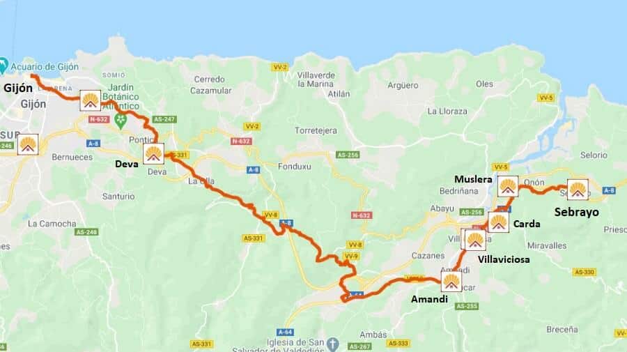 Mapa de la etapa de Sebrayo a Gijón - Camino del Norte :: Albergues del Camino de Santiago