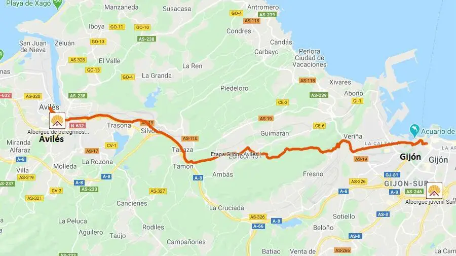 Mapa de la etapa de Gijón a Avilés - Camino del Norte :: Albergues del Camino de Santiago