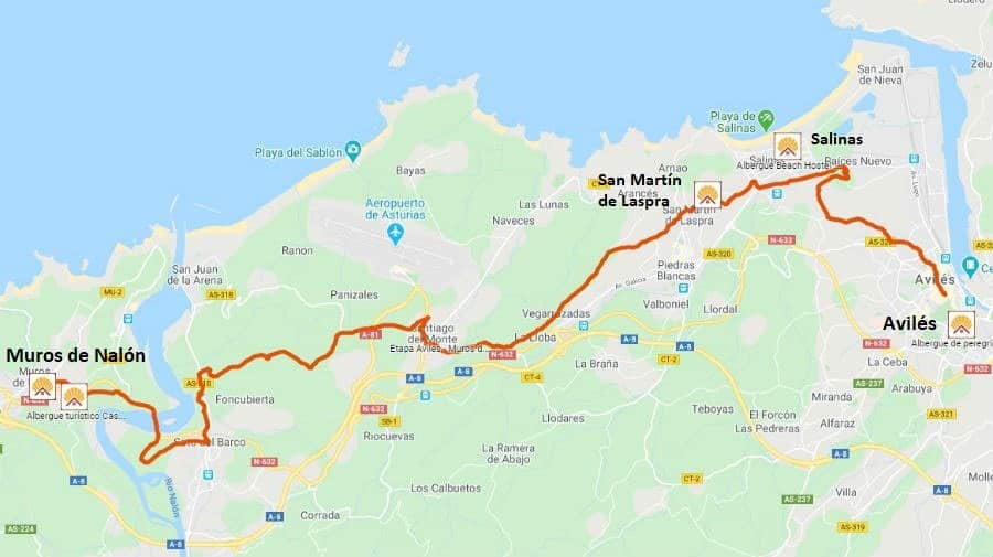 Mapa de la etapa de Avilés a Muros de Nalón - Camino del Norte :: Albergues del Camino de Santiago Mapa de la etapa de Avilés a Muros de Nalón - Camino del Norte :: Albergues del Camino de Santiago