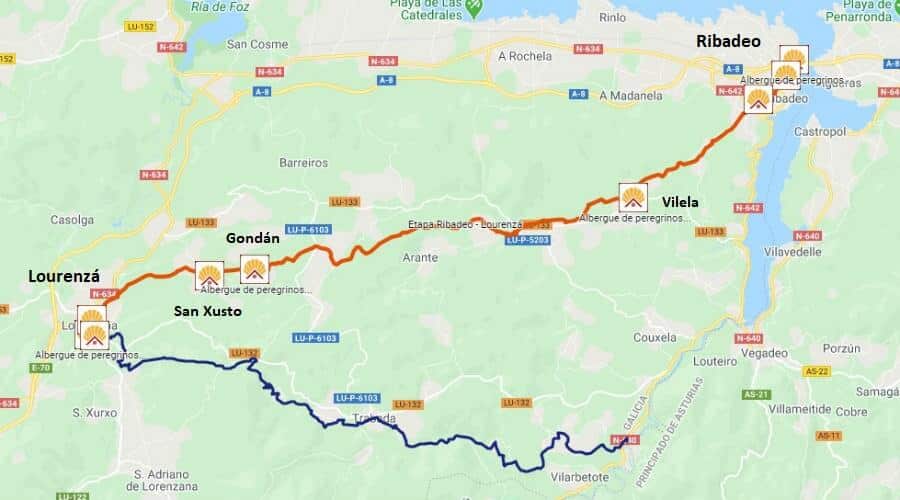 Mapa de la etapa de Ribadeo a Lourenzá - Camino del Norte :: Albergues del Camino de Santiago