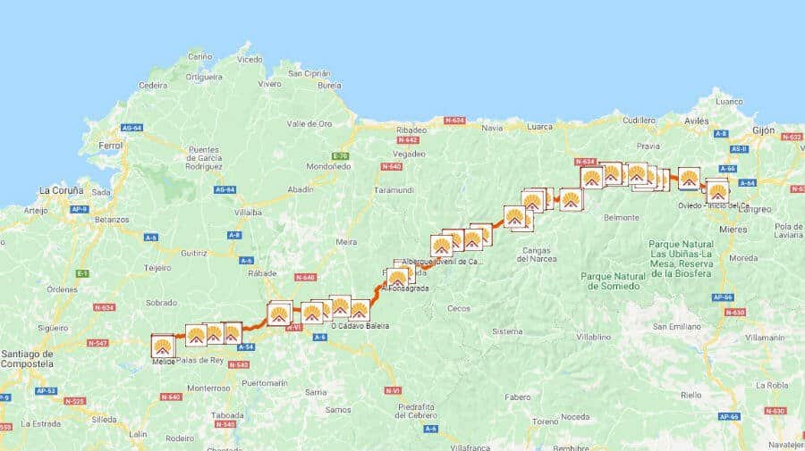 Mapa del Camino Primitivo de Oviedo a Melide :: Albergues del Camino de Santiago