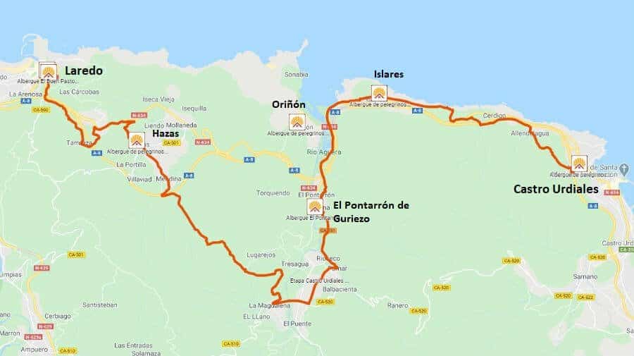 Mapa de la Etapa de Castro Urdiales a Laredo - Camino del Norte :: Guía del Camino de Santiago