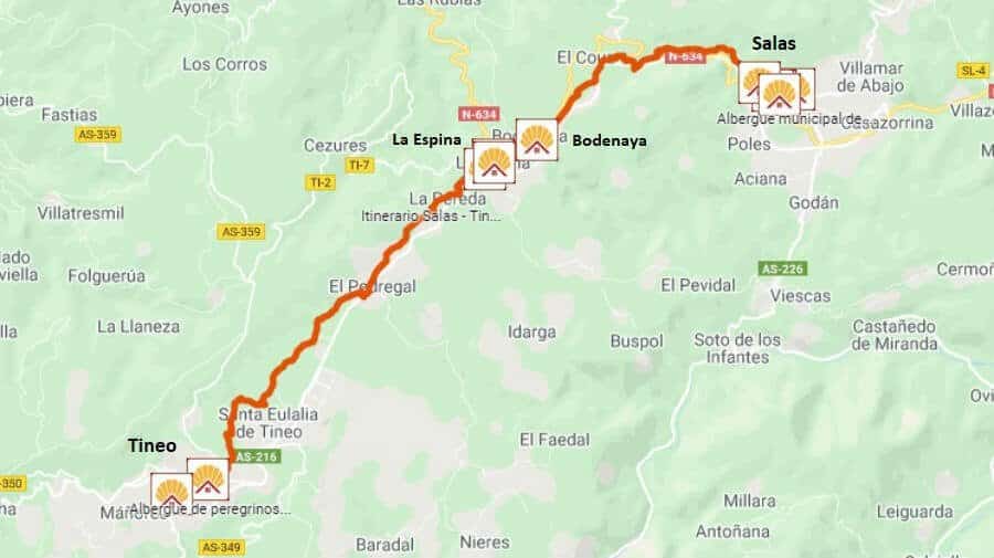 Mapa de la etapa de Salas a Tineo - Camino Primitivo :: Guía del Camino de Santiago