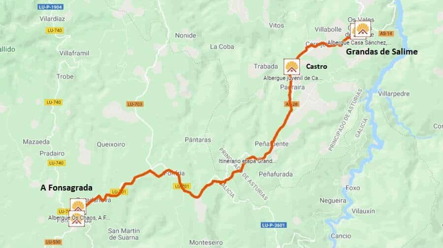 Mapa de la etapa de Grandas de Salime a A Fonsagrada - Camino Primitivo :: Guía del Camino de Santiago