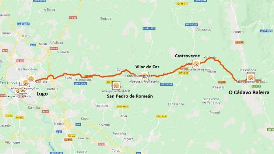 Mapa de la etapa de O Cádavo Baleira a Lugo - Camino Primitivo :: Guía del Camino de Santiago