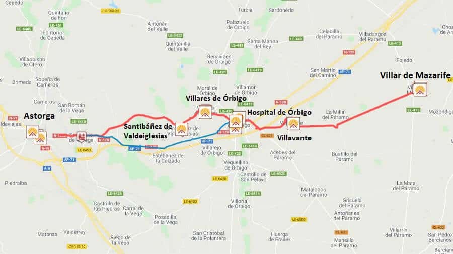 Mapa de la etapa de Villar de Mazarife a Astorga (Variante Sur) - Camino Francés :: Guía del Camino de Santiago
