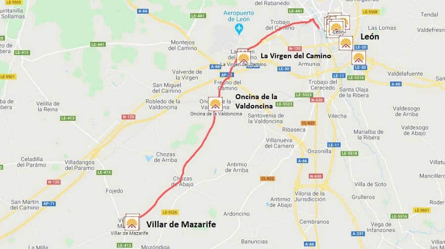 Mapa de la etapa de León a Villar de Mazarife (Variante Sur) - Camino Francés :: Guía del Camino de Santiago