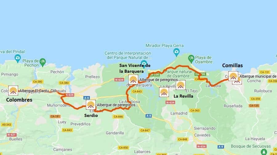 Mapa de la etapa de Comillas a Colombres - Camino del Norte :: Guía del Camino de Santiago