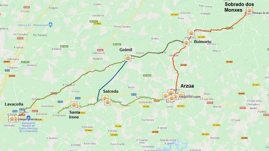 Mapa de la etapa de Sobrado dos Monxes a Arzúa - Camino del Norte :: Albergues del Camino de Santiago Mapa de la etapa de Sobrado dos Monxes a Arzúa - Camino del Norte :: Guía del Camino de Santiago