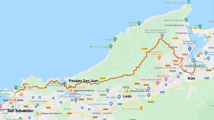 Mapa de la etapa de Irún a San Sebastián - Camino del Norte :: Albergues del Camino de Santiago