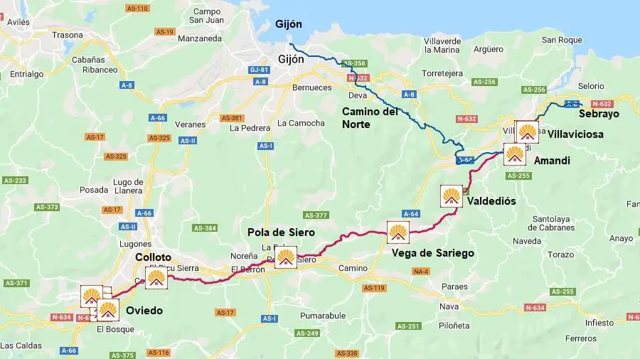 Mapa de la ruta del enlace entre el Camino del Norte y el Camino Primitivo :: Guía del Camino de Santiago Mapa de la ruta del enlace entre el Camino del Norte y el Camino Primitivo :: Guía del Camino de Santiago