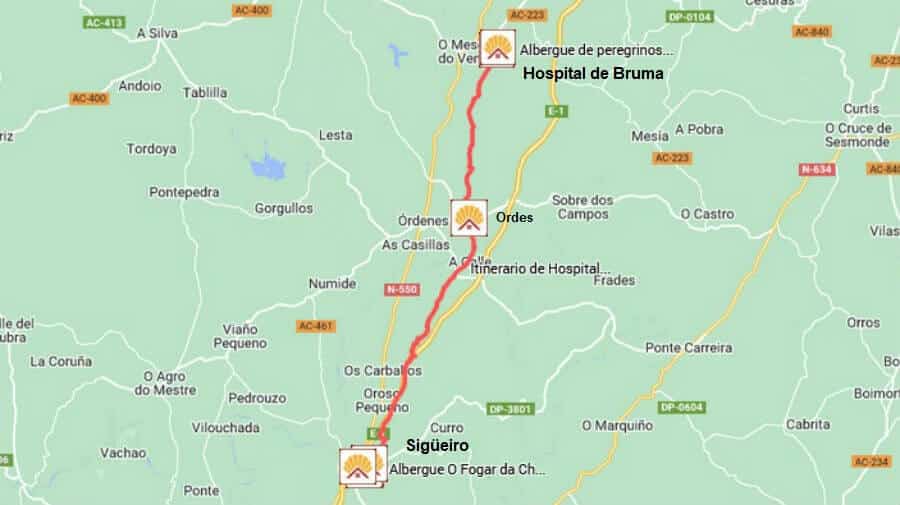 Mapa de la etapa Hospital de Bruma - Sigüeiro del Camino Inglés :: Guía del Camino de Santiago