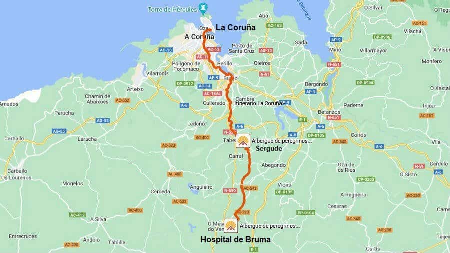 Mapa de la etapa La Coruña - Hospital de Bruma del Camino Inglés :: Guía del Camino de Santiago