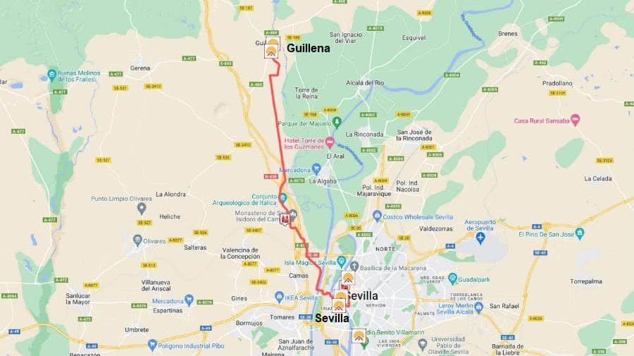 Mapa de la estapa Sevilla - Guillena de la Vía de la Plata :: Guía del Camino de Santiago