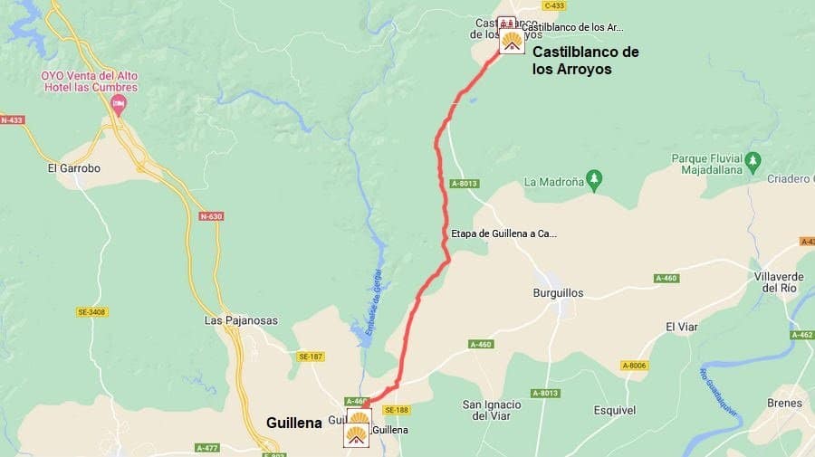 Mapa de la etapa Guillena - Castilblanco de los Arroyos de la Vía de la Plata :: Guía del Camino de Santiago