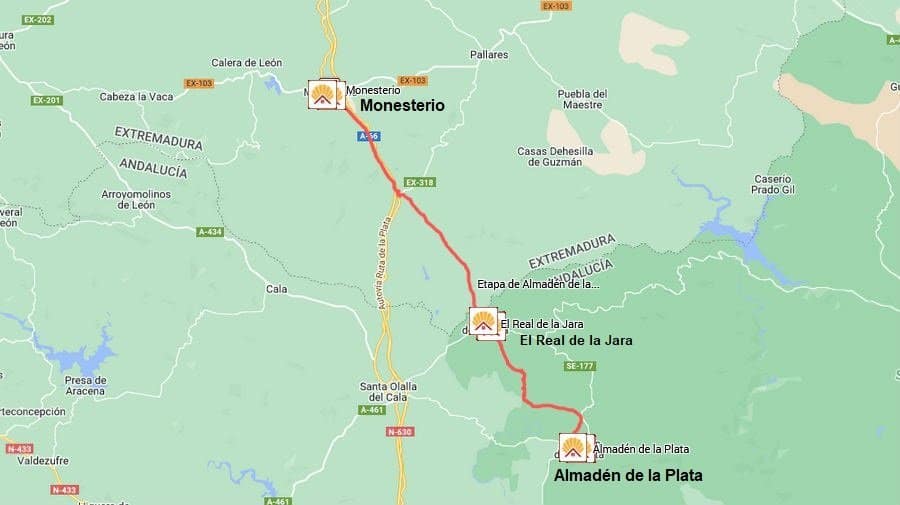 Mapa de la etapa Almadén de la Plata - Monesterio de la Vía de la Plata :: Guía del Camino de Santiago