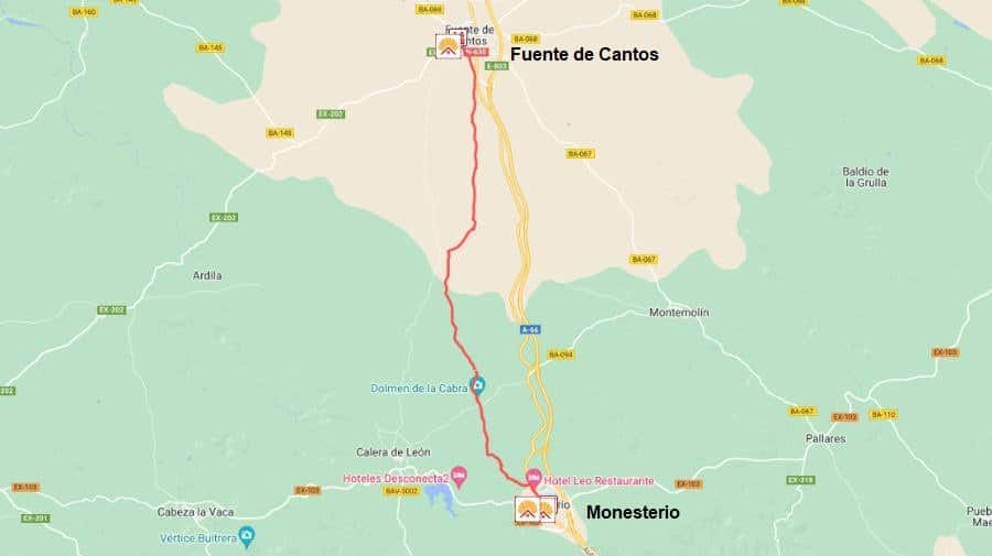 Mapa de la etapa Monesterio - Fuente de Cantos de la Vía de la Plata :: Guía del Camino de Santiago
