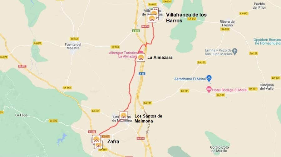 Mapa de la estapa Zafra - Villafranca de los Barros de la Vía de la Plata :: Guía del Camino de Santiago