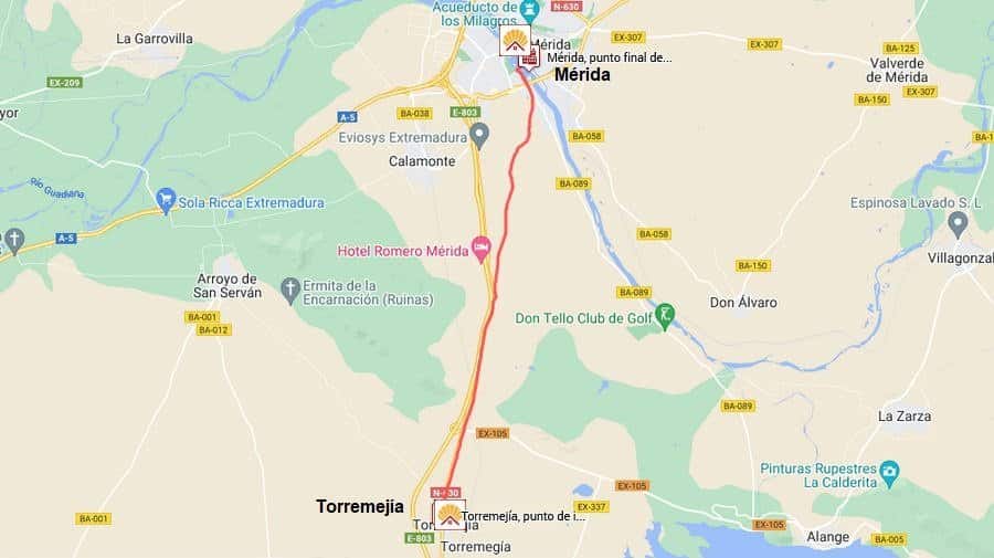 Mapa de la estapa Torremejía - Mérida de la Vía de la Plata :: Guía del Camino de Santiago