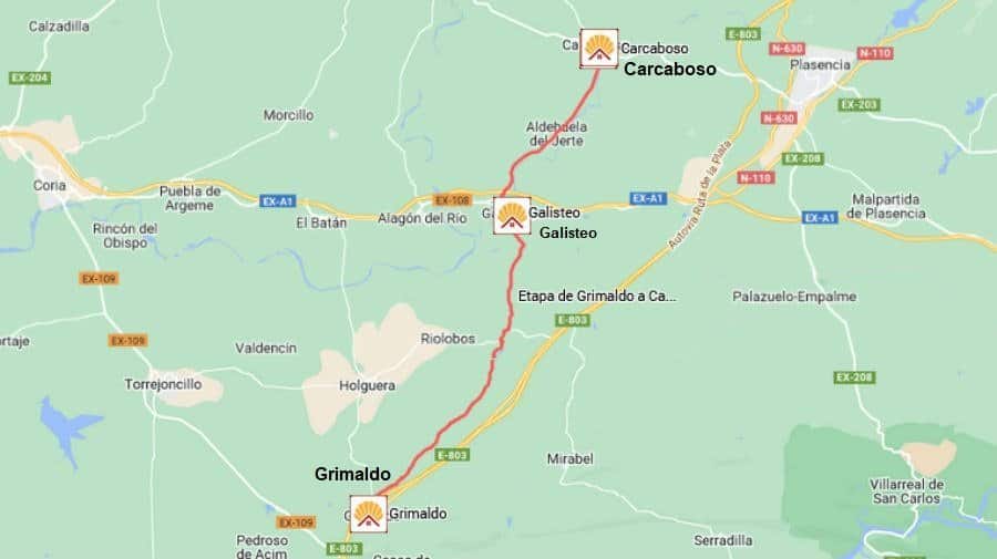 Mapa de la etapa Grimaldo - Carcaboso de la Vía de la Plata :: Guía del Camino de Santiago Mapa de la etapa Grimaldo - Carcaboso de la Vía de la Plata :: Guía del Camino de Santiago