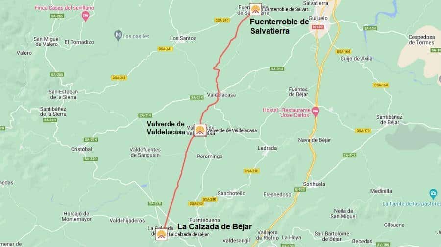 Mapa de la etapa La Calzada de Béjar - Fuenterroble de Salvatierra de la Vía de la Plata :: Guía del Camino de Santiago