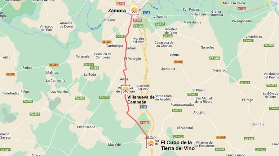 Mapa de la etapa El Cubo de la Tierra del Vino -ñ Zamora de la Vía de la Plata :: Guía del Camino de Santiago