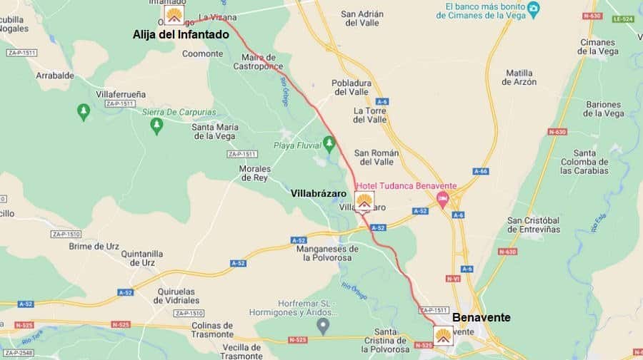 Mapa de la etapa Benavente - Alija del Infantado de la Vía de la Plata :: Guía del Camino de Santiago