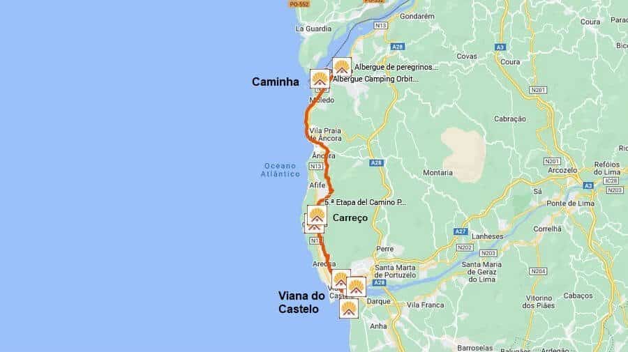 Mapa de la etapa de Viana do Castelo a Caminha del Camino Portugués por la Costa :: Guía del Camino de Santiago