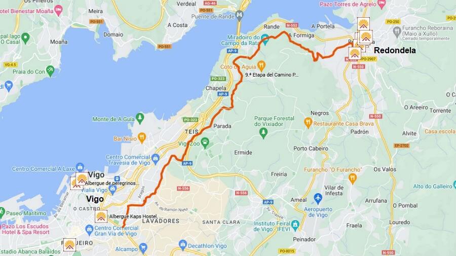 Mapa de la etapa de Vigo a Redondela del Camino Portugués por la Costa :: Guía del Camino de Santiago