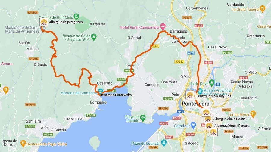 Mapa de la etapa de Pontevedra a A Armenteira de la Variante Espiritual del Camino Portugués por la Costa :: Guía del Camino de Santiago