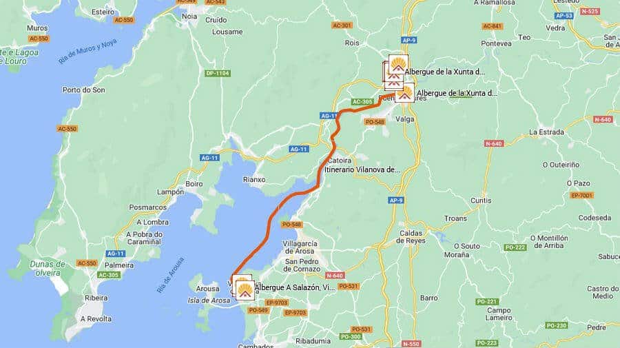 Mapa de la etapa de Vilanova de Arousa a Pontecesures / Padrón de la Variante Espiritual del Camino Portugués por la Costa :: Guía del Camino de Santiago