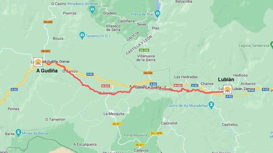 Mapa de la etapa de Lubián a A Gudiña - Camino Sanabrés :: Guía del Camino de Santiago