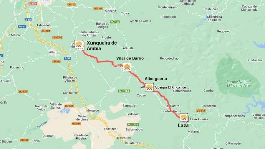 Mapa de la etapa de Laza a Xunqueira de Ambía - Camino Sanabrés :: Guía del Camino de Santiago