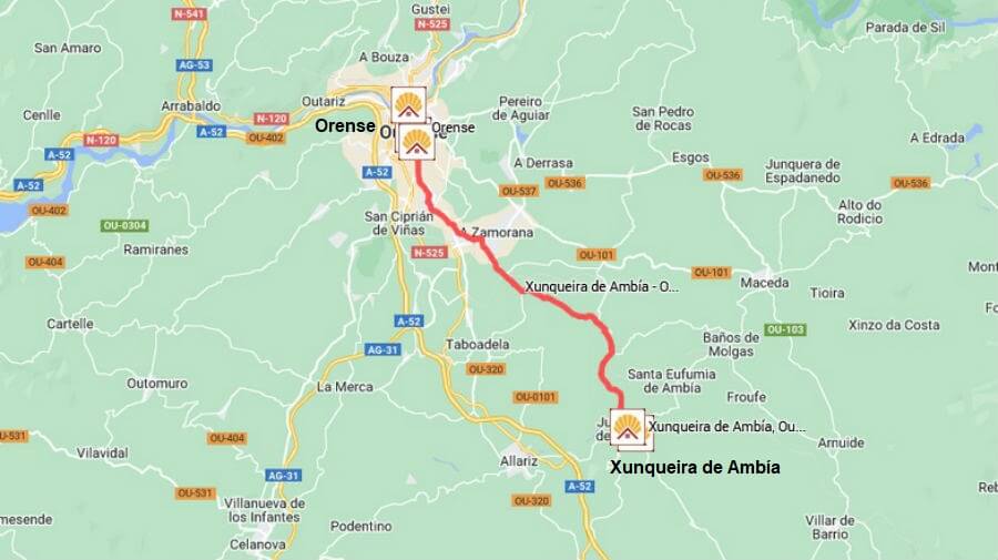 Mapa de la etapa de Xunqueira de Ambía a Orense - Camino Sanabrés :: Guía del Camino de Santiago
