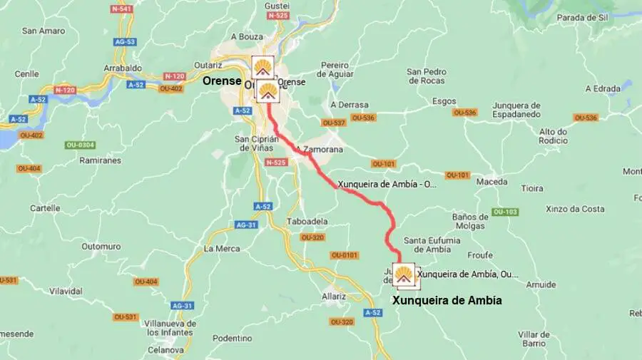 Mapa de la etapa de Xunqueira de Ambía a Orense - Camino Sanabrés :: Guía del Camino de Santiago Mapa de la etapa de Xunqueira de Ambía a Orense - Camino Sanabrés :: Guía del Camino de Santiago