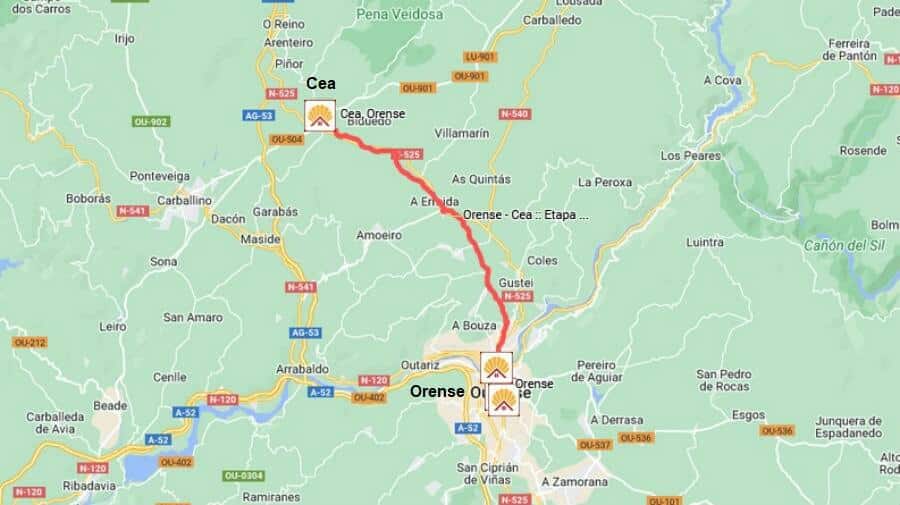 Mapa de la etapa de Orense a Cea - Camino Sanabrés :: Guía del Camino de Santiago