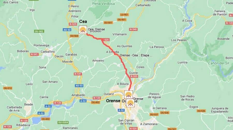 Mapa de la etapa de Orense a Cea - Camino Sanabrés :: Guía del Camino de Santiago Mapa de la etapa de Orense a Cea - Camino Sanabrés :: Guía del Camino de Santiago