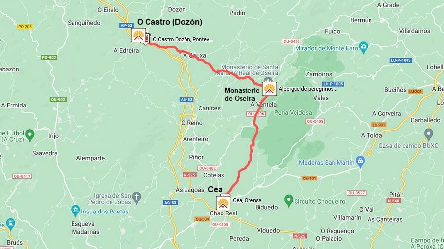 Mapa de la etapa de Cea a O Castro (Dozón) - Camino Sanabrés :: Guía del Camino de Santiago