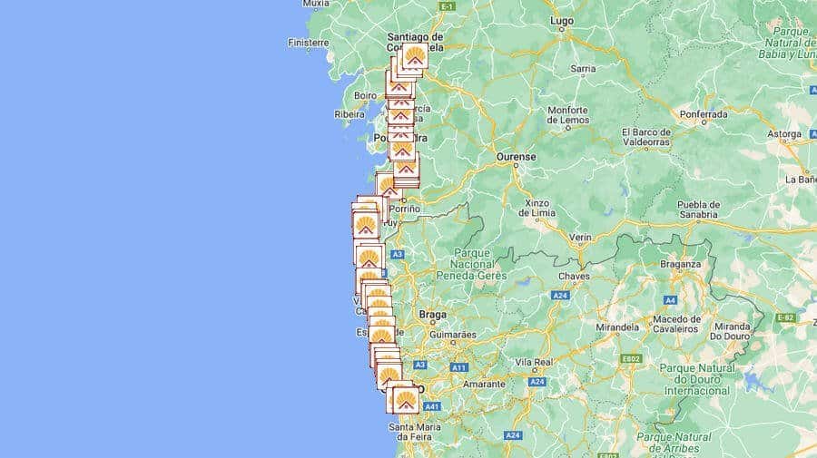 Mapa del Camino de Santiago Portugués por la Costa :: Guía del Camino de Santiago