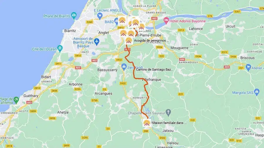 Mapa de la etapa de Bayona a Ustaritz - Camino de Santiago Baztanés :: Guía del Camino de Santiago Mapa de la etapa de Bayona a Ustaritz - Camino Baztanés :: Guía del Camino de Santiago